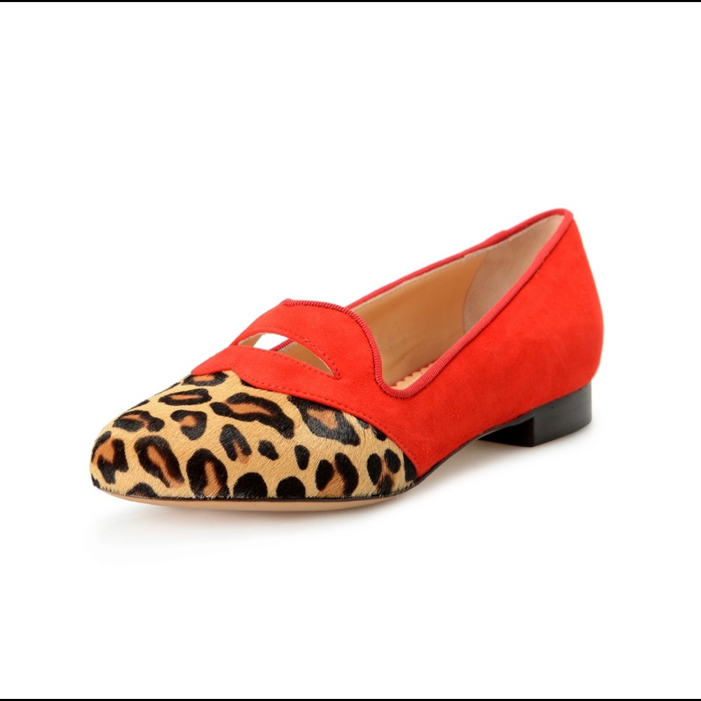 Charlotte Olympia Girls "INCY BISOUX" RED Pony Hair Leather Ballet Flats Shoes